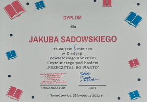 Dyplom dla Jakuba Sadowskiego